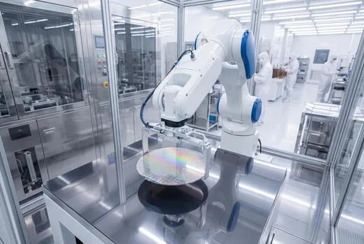 Clean room robot handling a silicon wafer in a semiconductor fab
