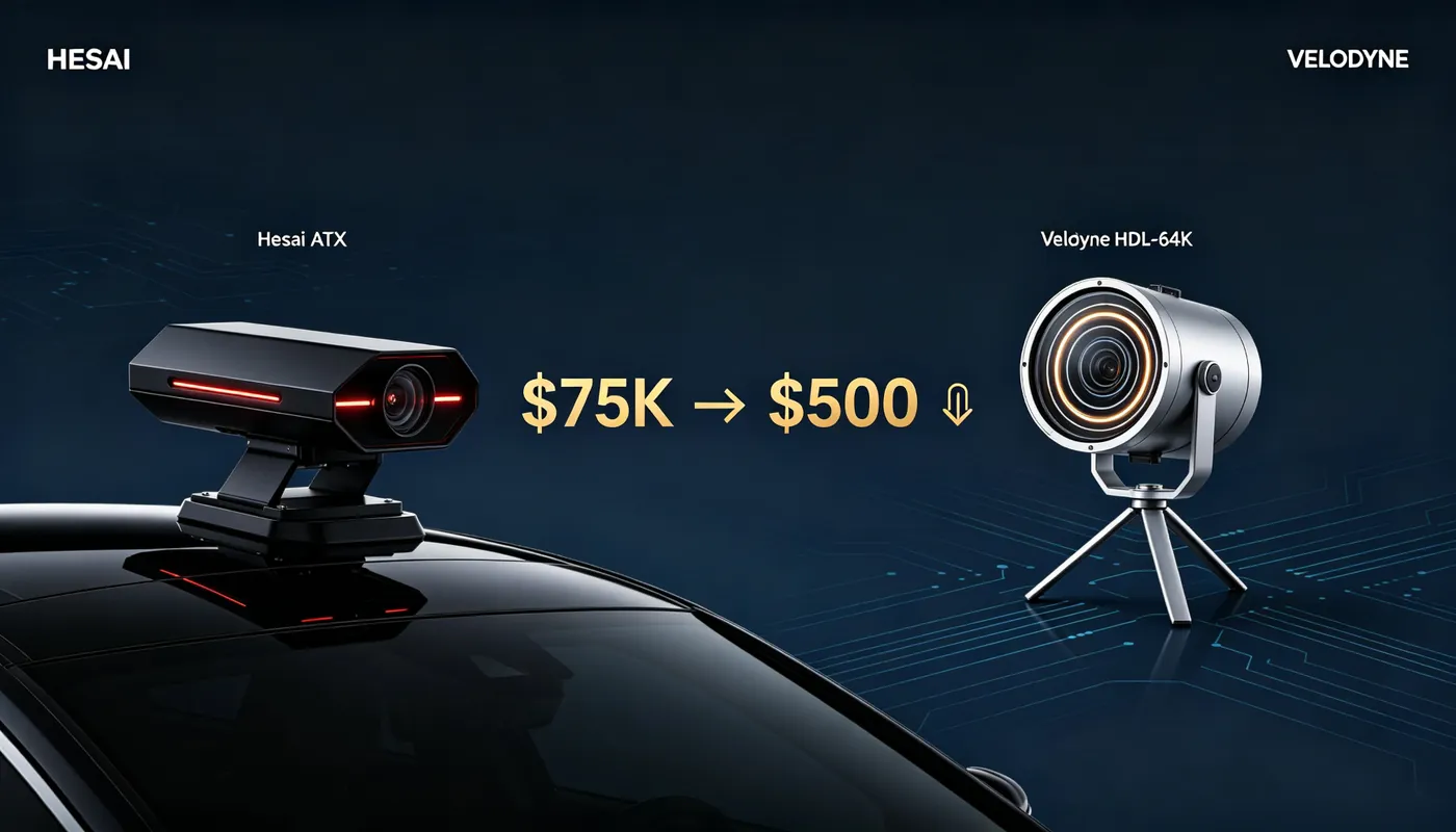 Hesai ATX lidar vs Velodyne HDL-64E — $75,000 to $500 cost collapse