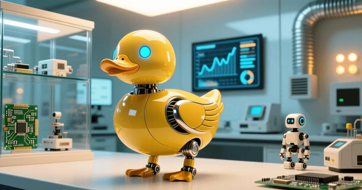 Microduck — the yellow open-source biped duck robot standing on a lab bench