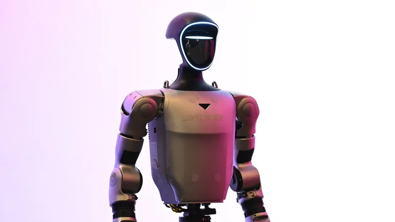 A Chinese humanoid robot with a glowing blue head — the face of China's robot export push