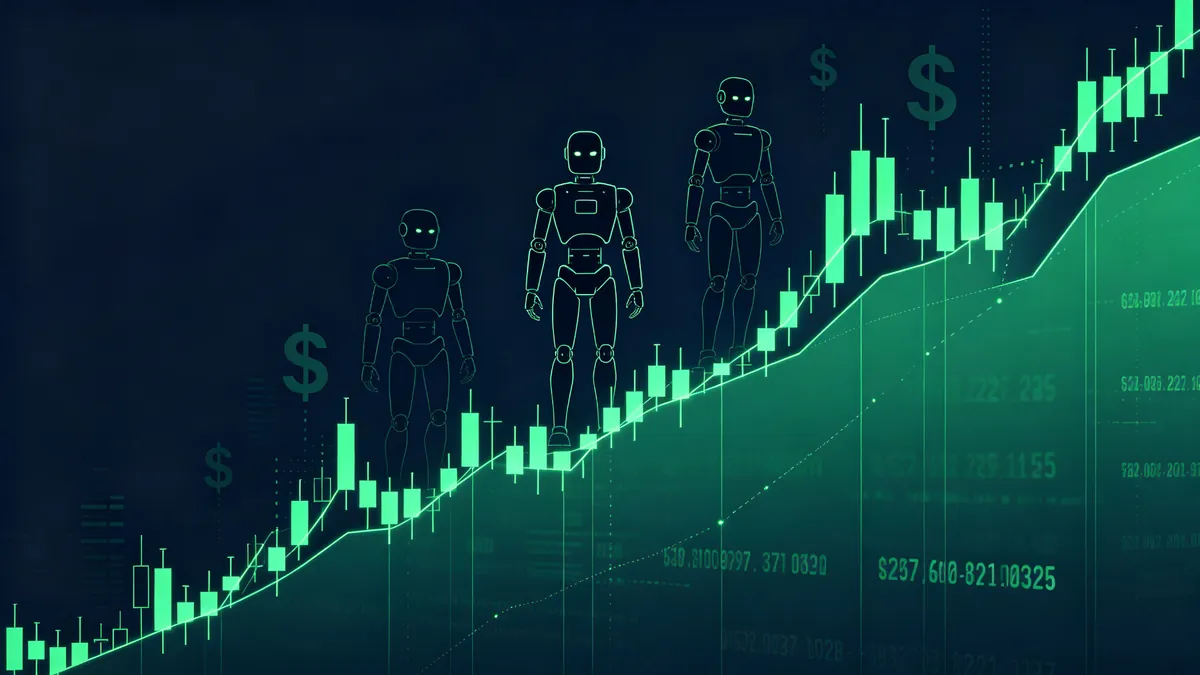 Humanoid robots climbing a rising stock chart — US-listed China robotics stocks in 2026